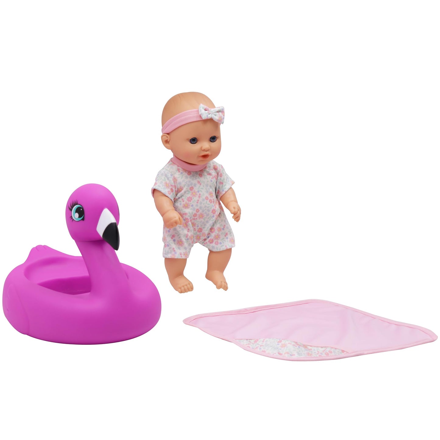 Dream Collection: 10" Bath Time Baby Doll & Flamingo Floatie Set - Onesie Outfit & Headband, Swaddle Blanket Towel, Hard Body, Water Play Toy, Kids 2+