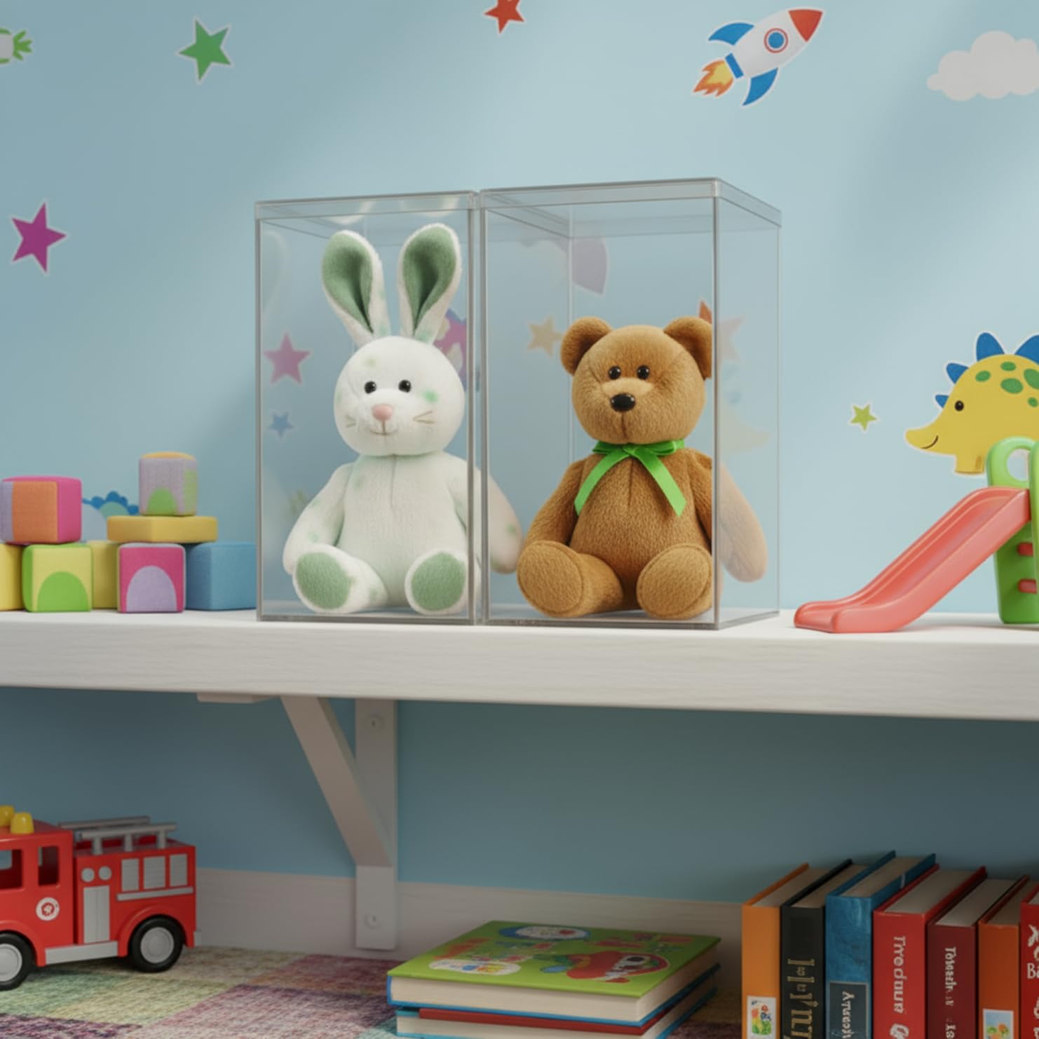 STORi Clear Plastic Stackable Display Case with Lid, Set of 2, Store Figurines, and Plush Collectibles, Box for Action Figures, Made in USA
