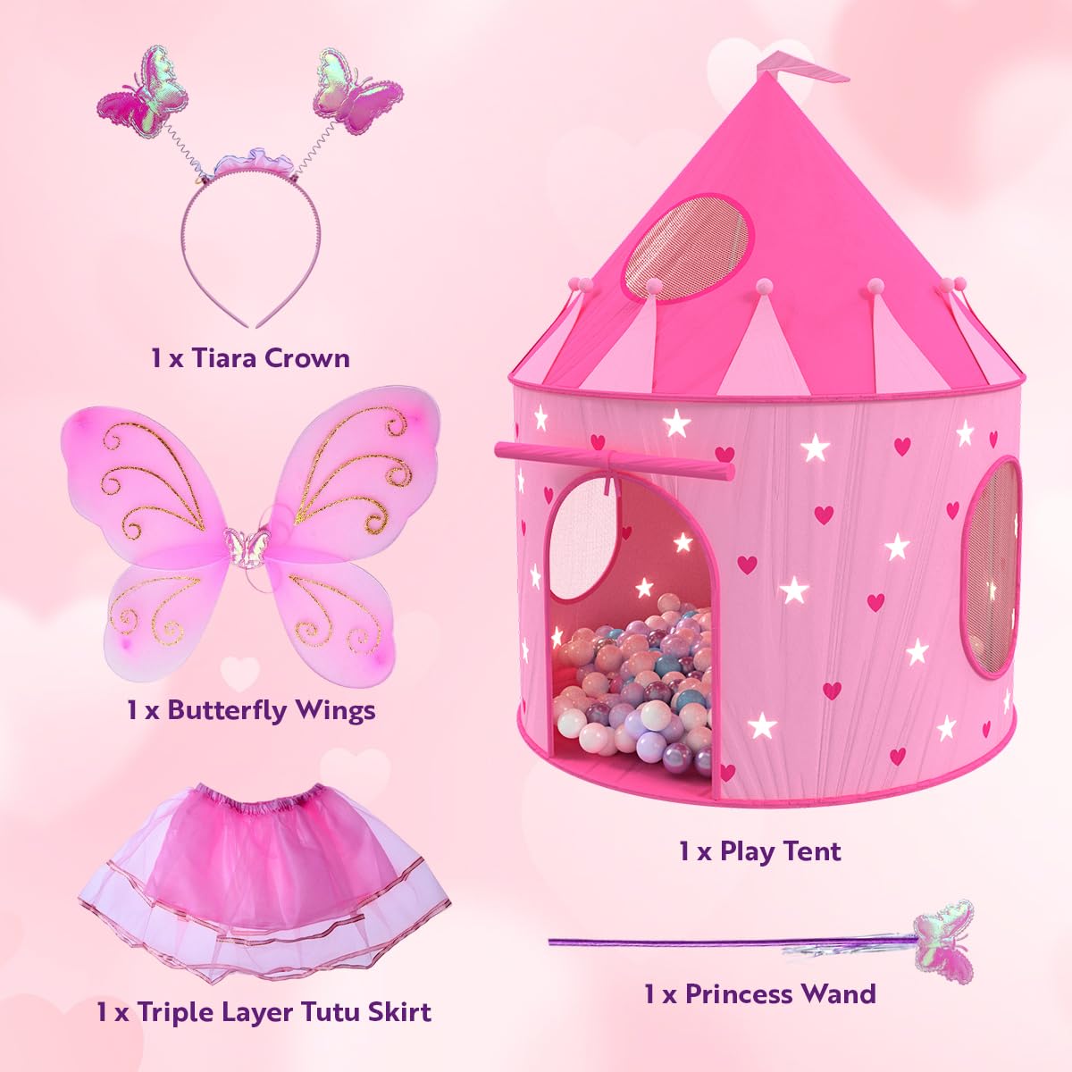 Playz 5pc Princess Castle Play Tent for Kids Glow in Dark Pink Princess Pit