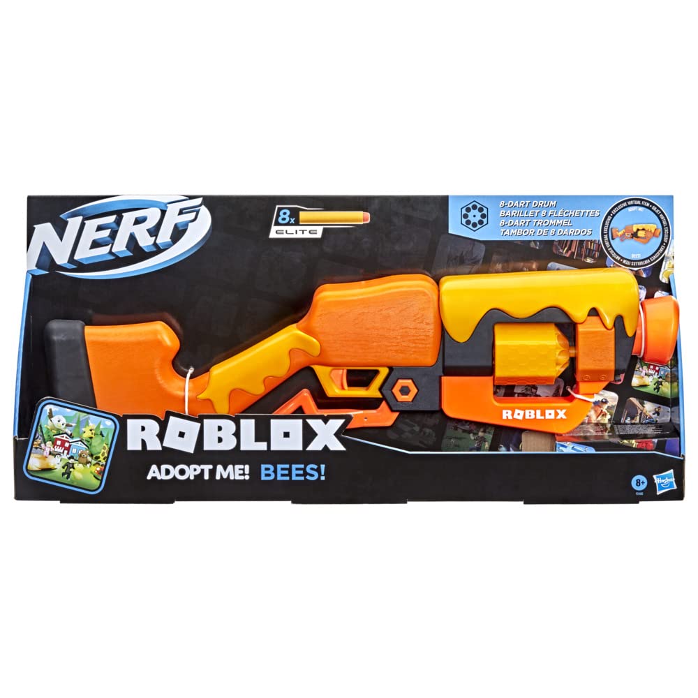 Nerf Roblox Adopt Me!: Bees! Lever Action Dart Blaster, Rotating 8-Dart Drum, 8 Elite Darts, Code to Unlock in-Game Virtual Item