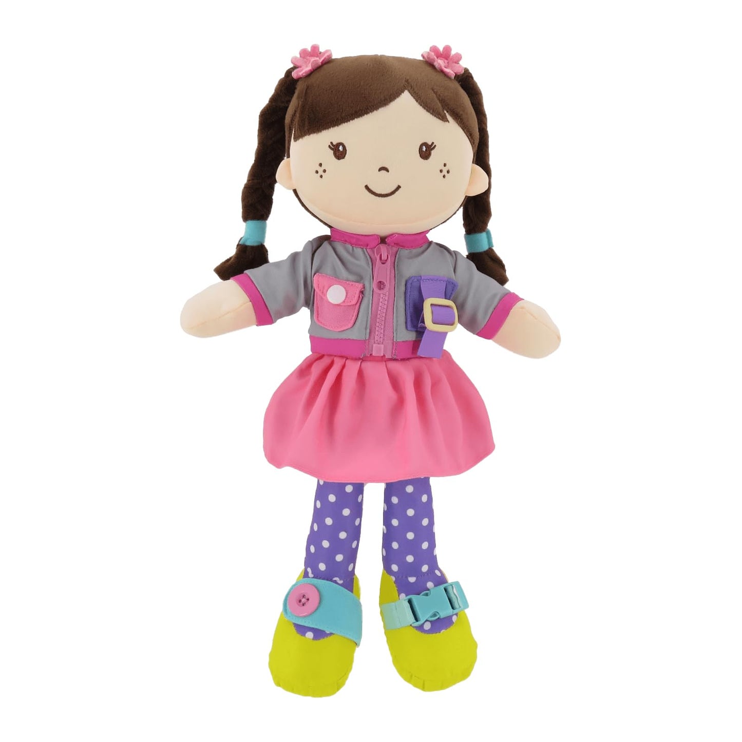 Linzy 15" Learn to Dress Stuffed Doll with Grey Jacket, Educational Montessori Doll for Toddlers, Soft Buckle Toy Gifts for 2 Year Old Girls