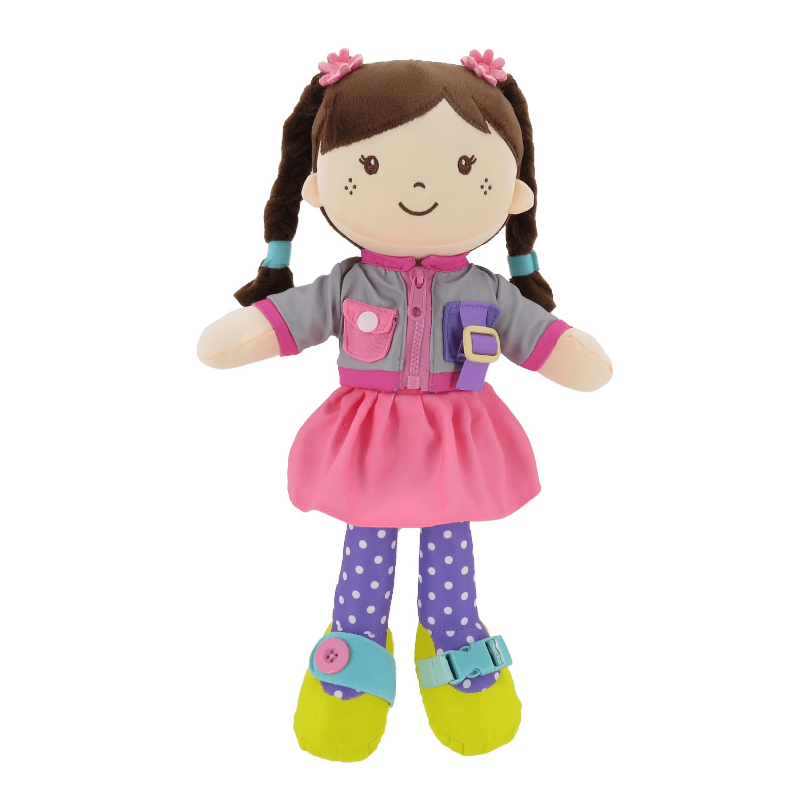 Linzy 15" Learn to Dress Stuffed Doll with Grey Jacket, Educational Montessori Doll for Toddlers, Soft Buckle Toy Gifts for 2 Year Old Girls