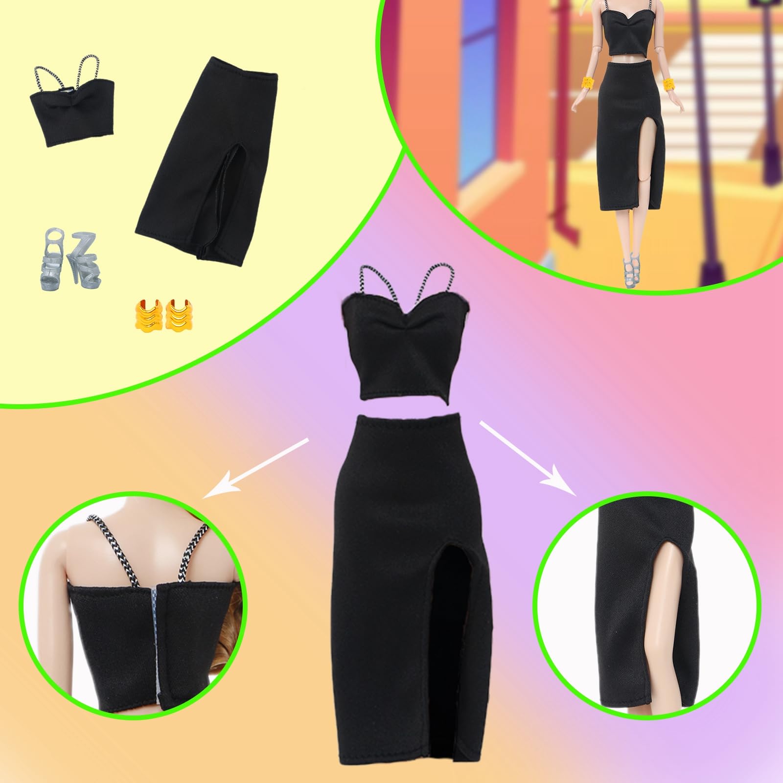 BLIJOLA 4 Sets Doll Clothes for 11.5 inch Girls Dolls, 11Pcs Summer Simple Black Dresses Style Outfits Including Shoes & Bags Clothing Accessories