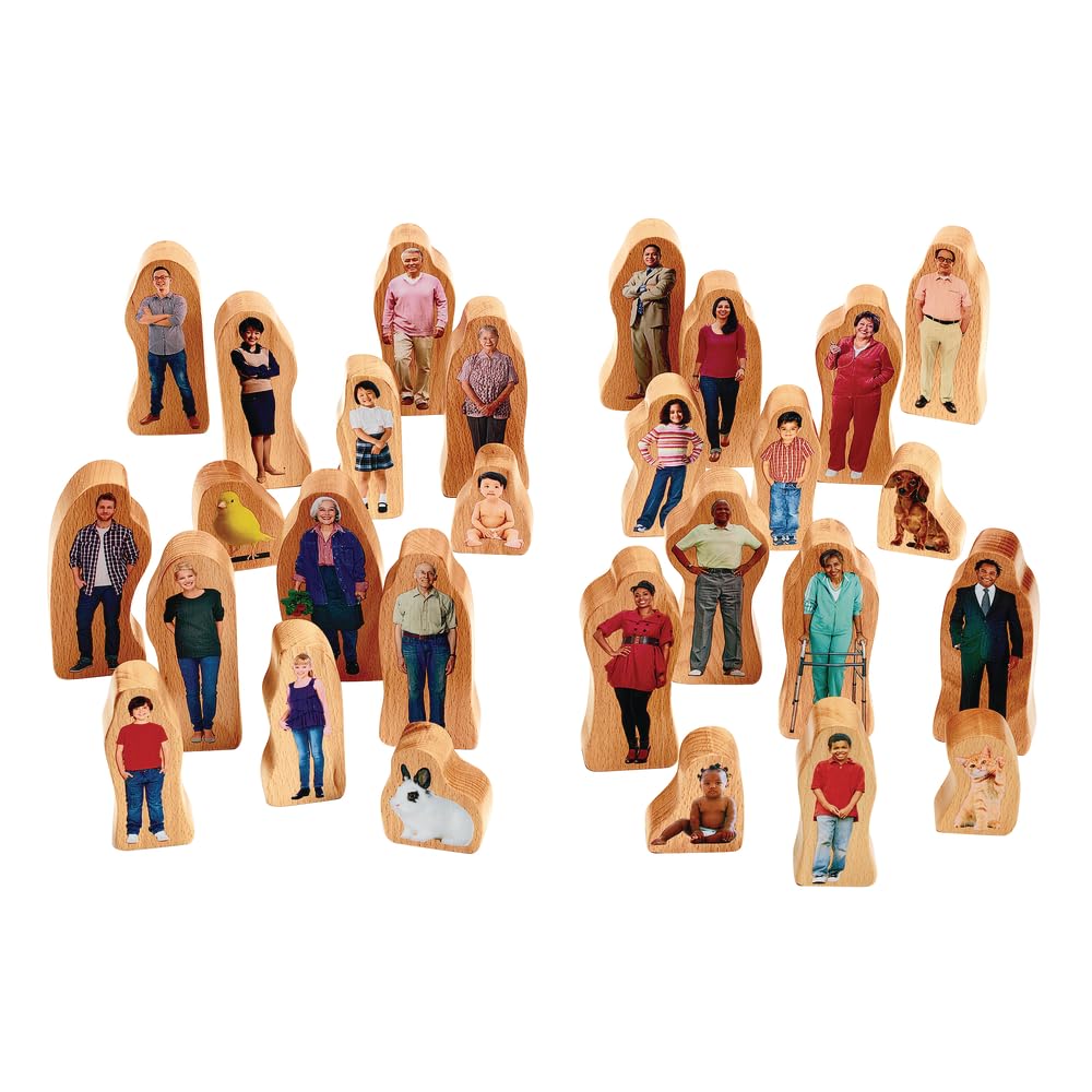 Excellerations Photo-Realistic Multicultural Wooden Block Play Families, Set of 28, Preschool Educational Toys, Toy People, Social Emotional Learning