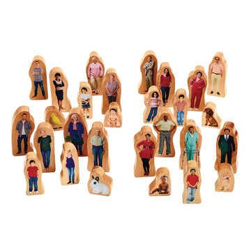 Excellerations Photo-Realistic Multicultural Wooden Block Play Families, Set of 28, Preschool Educational Toys, Toy People, Social Emotional Learning