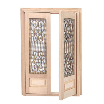 Doll Door, 1:12 Dollhouse Furniture Miniature DIY Hollow Wooden Door Set Wood Exterior Door Excellent Furniture Model