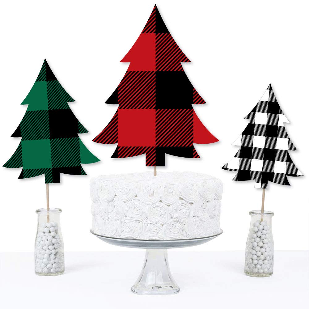 Big Dot of Happiness Holiday Plaid Trees - Buffalo Plaid Christmas Party Centerpiece Sticks - Table Toppers - Set of 15