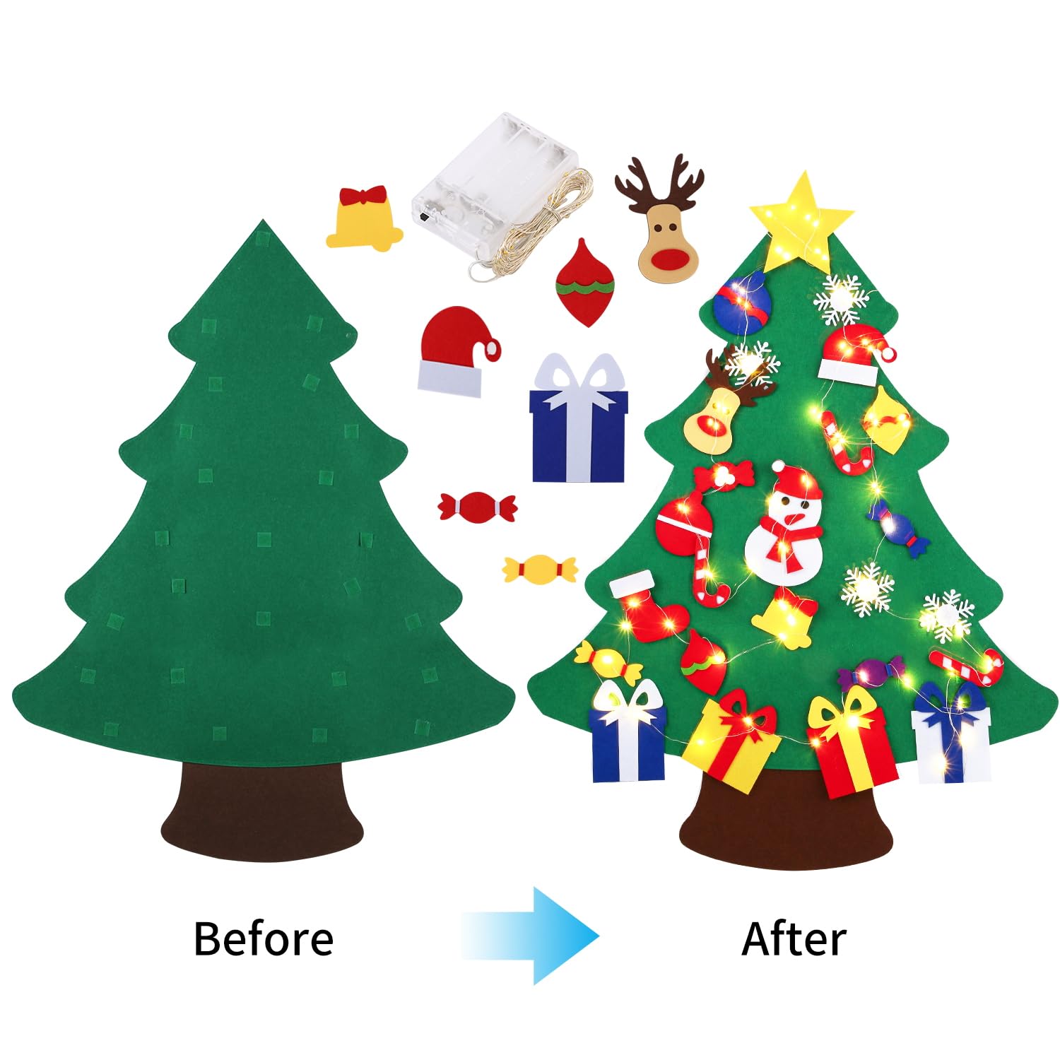 Abakuku 3FT DIY Felt Christmas Tree for Kids with 31pcs Detachable Ornaments,Wall Hanging Xmas Christmas Decorations with String Light (Batteries Not