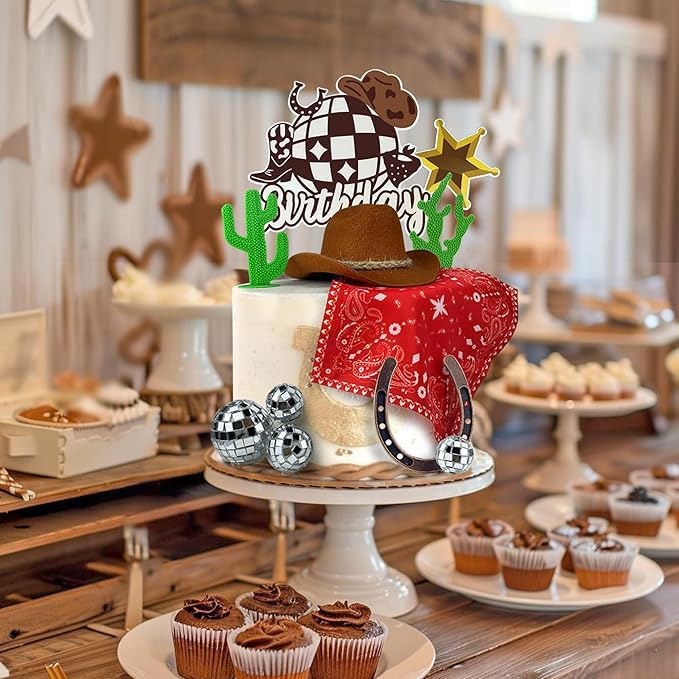 Cowboy Birthday Cake Topper Cowboy Cowgirl Hat Scarf Western Rodeo Theme Decoration for Birthday Baby Shower Western Theme Party Favors Supplies