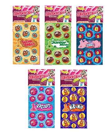 Just For Laughs Dr. Stinky's Scratch N Sniff Stickers 5-Pack, Sugar Babies, Junior Mints, Dubble Bubble, Razzles Raspberry, Nik-L-Nip Orange