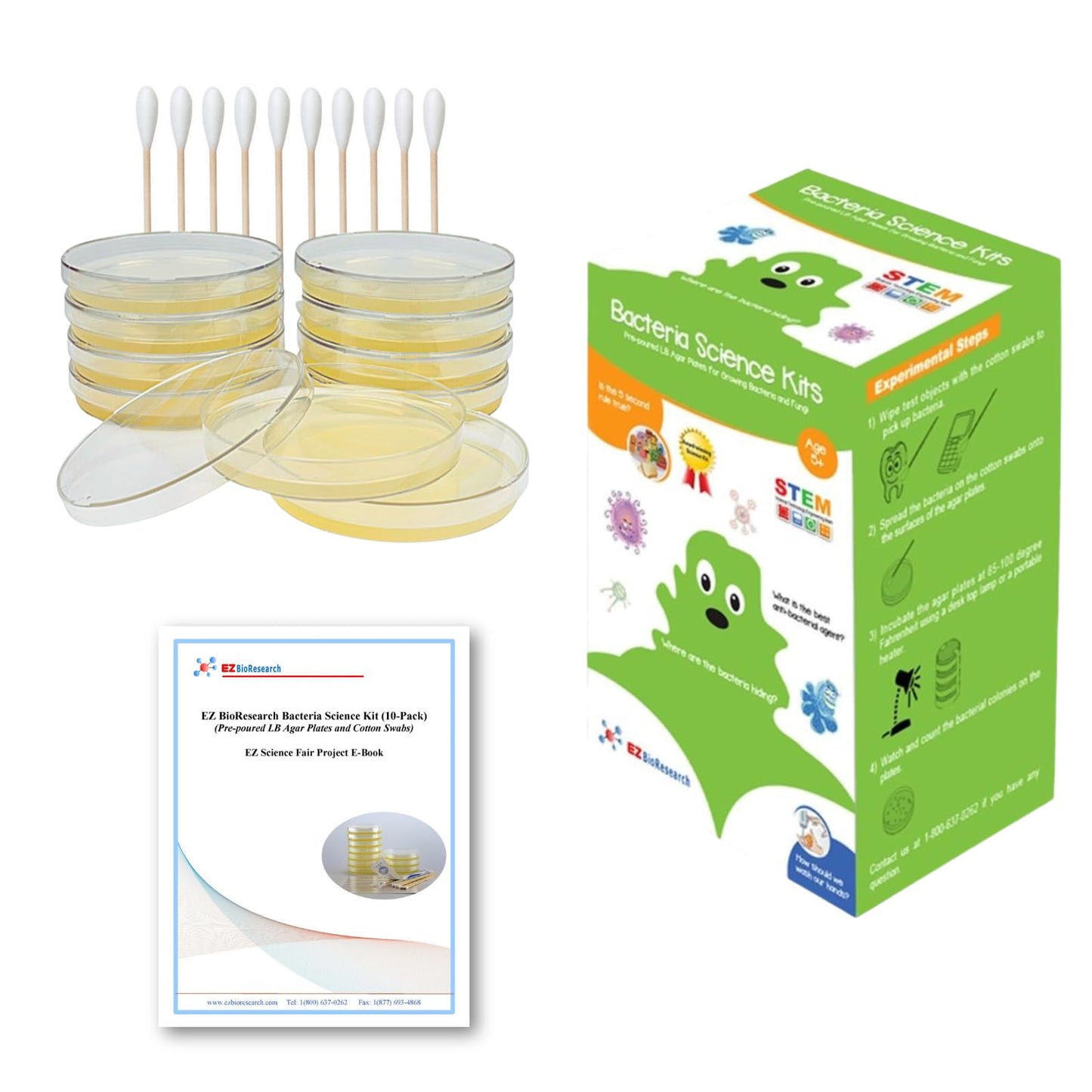 EZ BioResearch Bacteria Science Kit (IV) (Gift Pack): Prepoured LB-Agar Plates and Cotton Swabs. Exclusive Free Science Fair Project E-Book Packed
