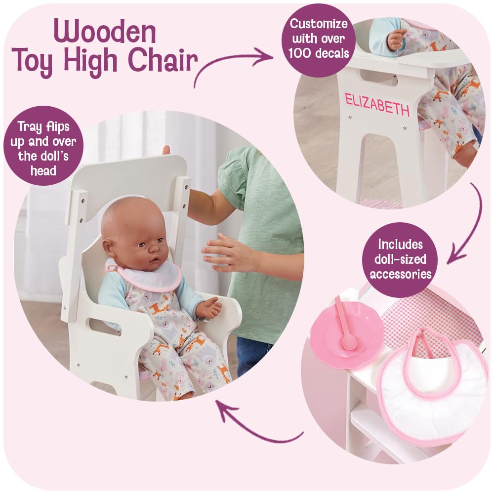 Badger Basket Wooden Baby Doll High Chair - Fits 18" Dolls - Includes Tray, Bib & Free Personalization Kit - Best for Toddler Girls for Pretend Play