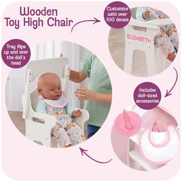 Badger Basket Wooden Baby Doll High Chair - Fits 18" Dolls - Includes Tray, Bib & Free Personalization Kit - Best for Toddler Girls for Pretend Play