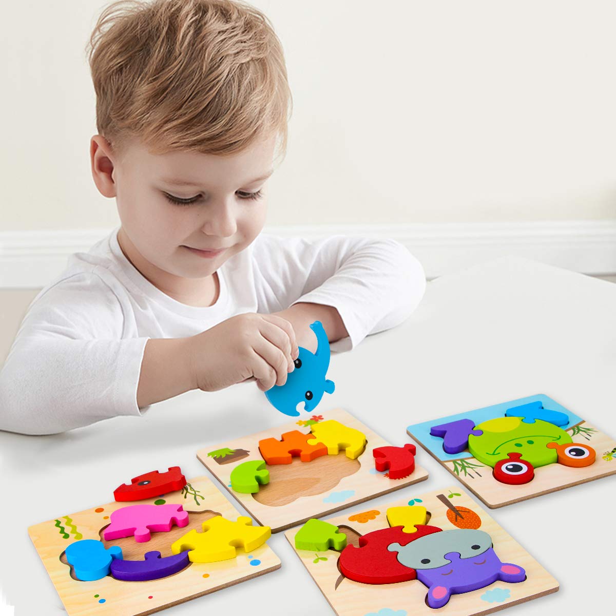 SKYFIELD Wooden Vehicle Toddler Puzzles for 1 2 3 Years Old Boys & Girls, Baby STEM Educational Toy Gift with 4 Vehicles Montessori Learning Puzzles