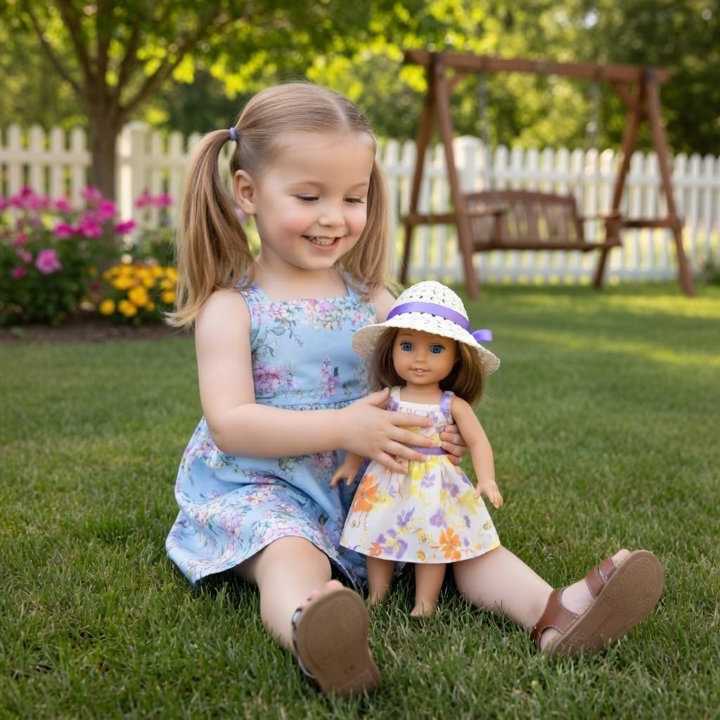 Emily Rose 14" Doll Easter/Spring Chiffon Dress with Matching White Hat | Floral Sundress Outfit | Fits WellieWishers & Similar 14-14.5" Fashion Dolls