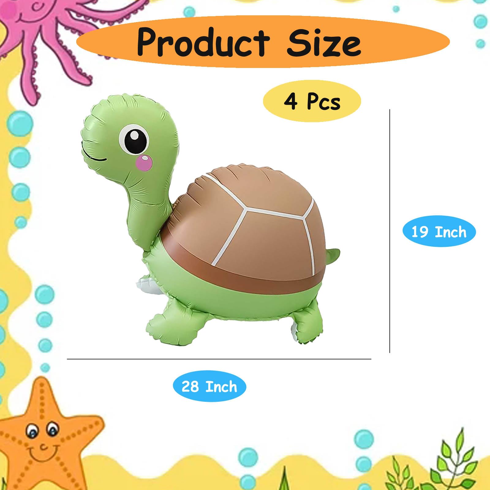 4 Pcs Inflatable Self Standing Turtle Balloons/4D Walking Animal Turtle Foil Balloon/Under The Sea Party, Mermaid Ocean Theme Birthday, Pool Beach
