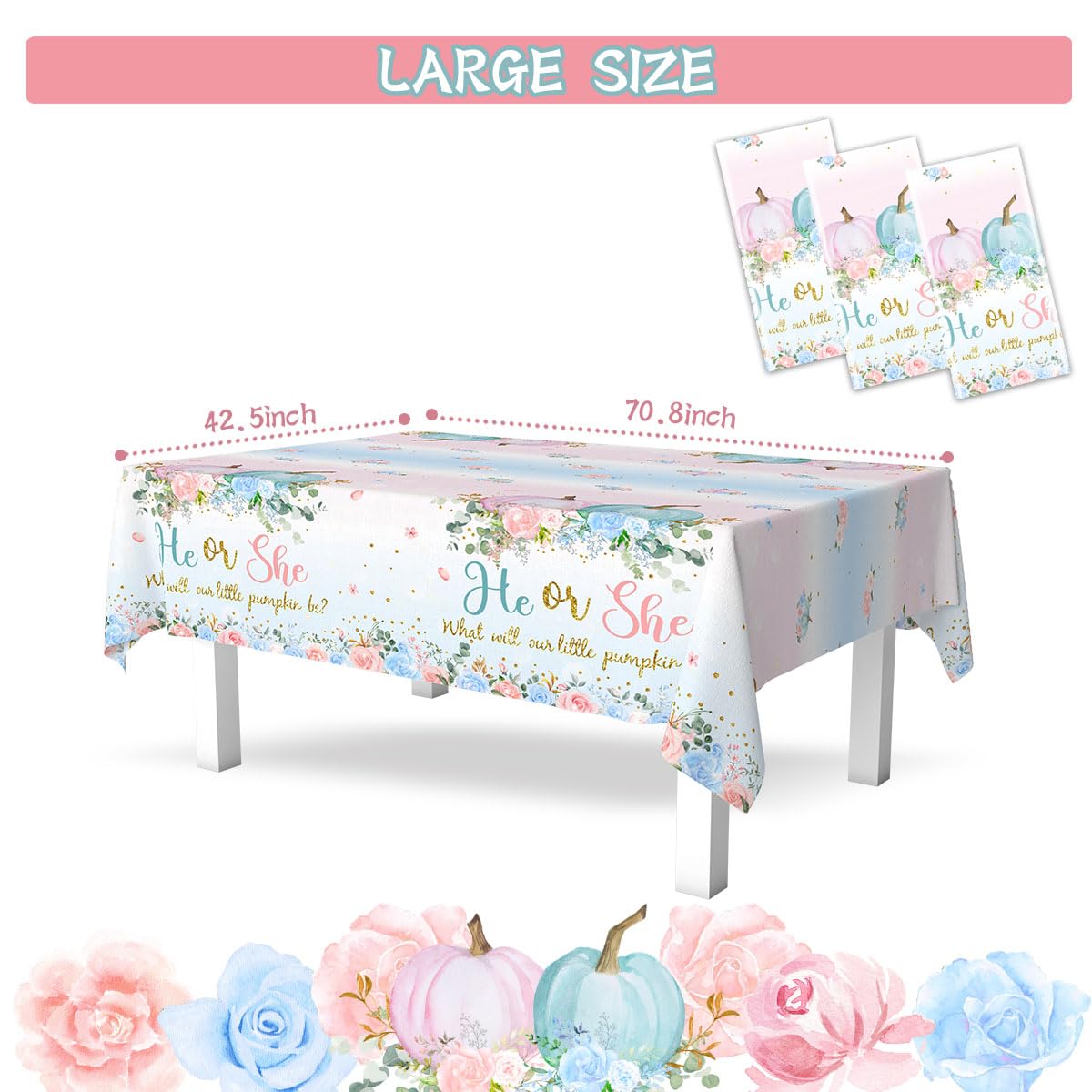 3Pcs Fall Tablecloth Decoration - He or She Gender Reveal Tablecloth Fall Floral Pumpkin Disposable Table Cover Fall Theme Baby Shower Party Supplies