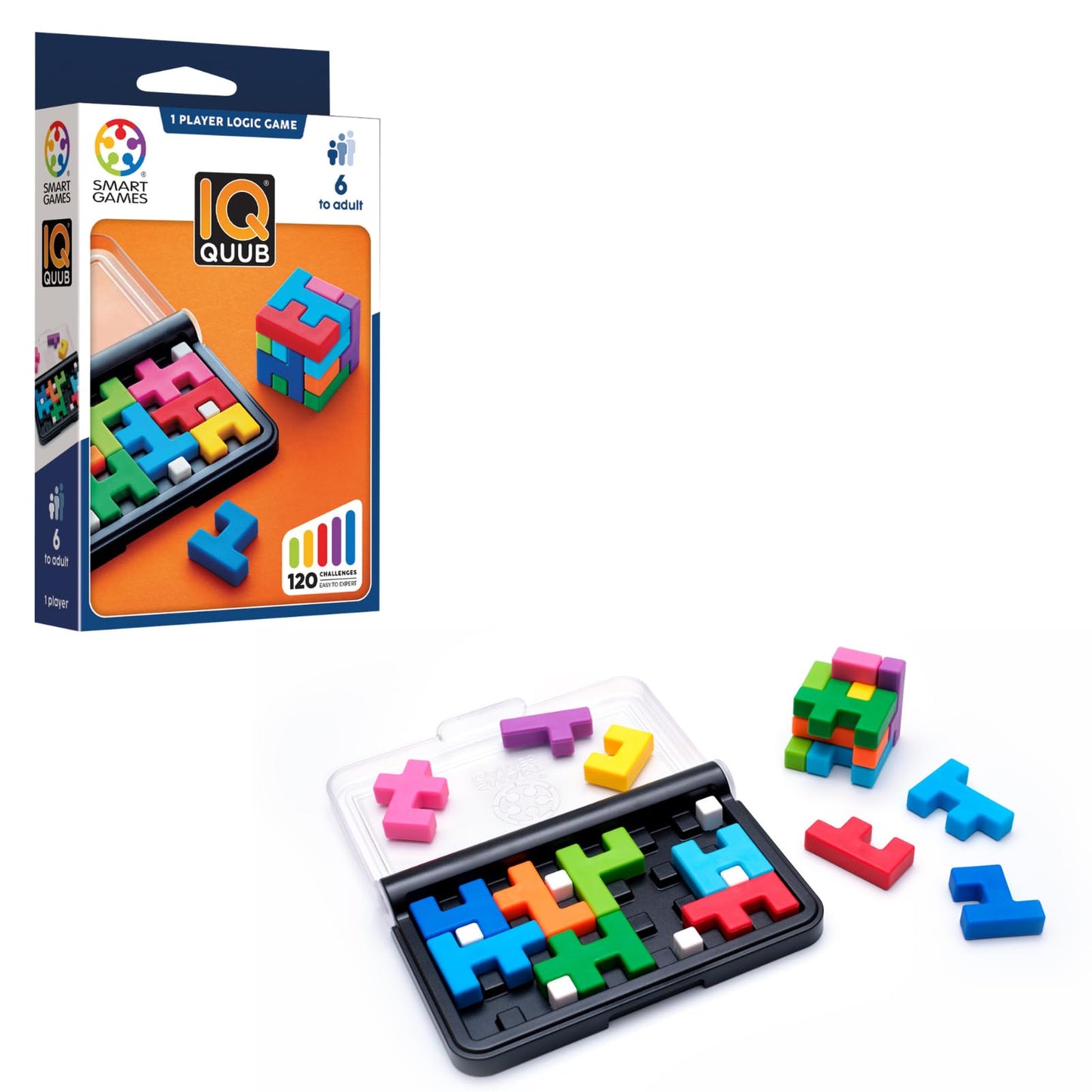 SmartGames IQ Quub - 2-in-1 Travel Logic Puzzle & 3D Cube Building Game with Soft Touch Pieces, 120 Challenges, STEM Brain Teaser for Kids and Adults