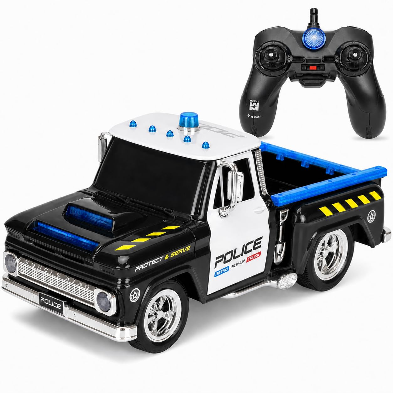 Remote Control Police Pickup Truck with Lights, Siren and USB Charging Toy