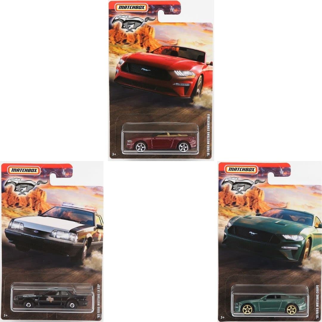 Matchbox Limited Edition Mustang Series 3?Pack Bundle | '19 Coupe, ’93 LX SSP Convertible & ’18 Convertible | 1:64 Die?Cast Vehicles - Ages 3+