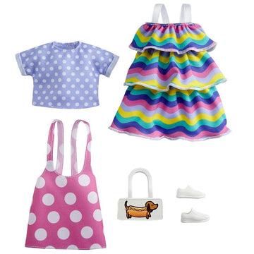 Barbie Fashions 2-Pack Clothing Set, 2 Outfits Doll Include Pink Polka-Dot Jumper, Purple Polka-Dot Top, Striped Dress & 2 Accessories, Gift for Kids