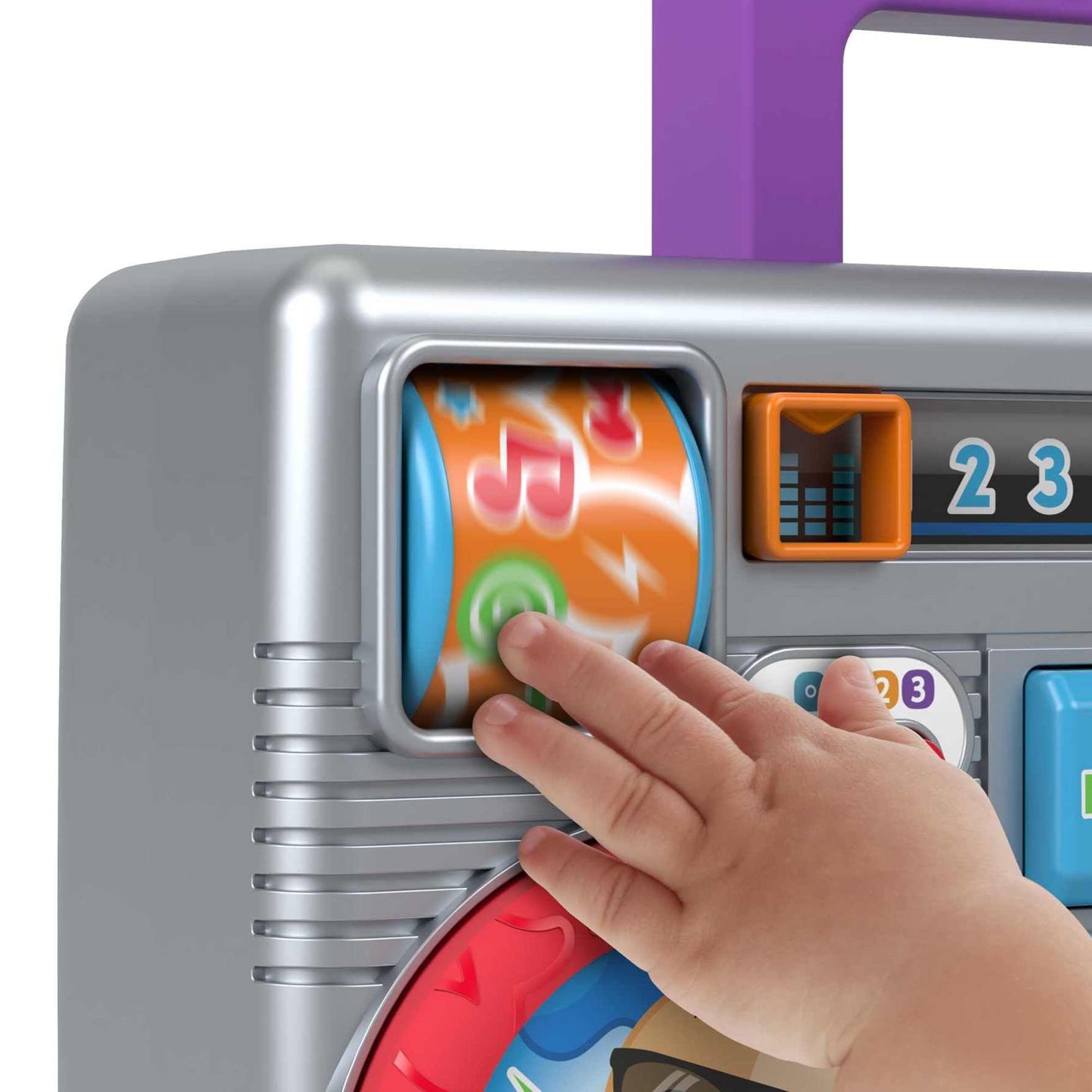 Fisher-Price Laugh & Learn Busy Boombox - UK English Edition, Retro-Inspired Musical Infant Activity Toy with Learning Content for Baby and Toddlers