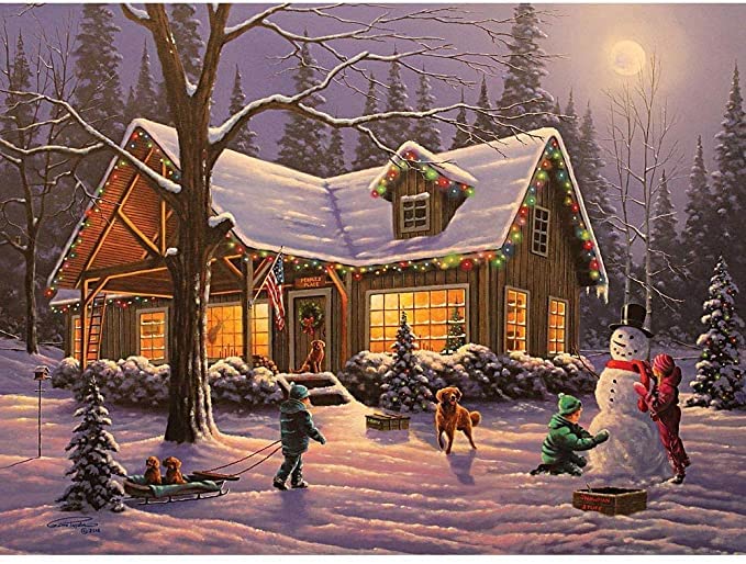 Bits and Pieces - 300 Large Piece Glow in The Dark Puzzle for Adults - Family Traditions by Artist Geno Peoples - Winter Christmas Cabin - Holiday