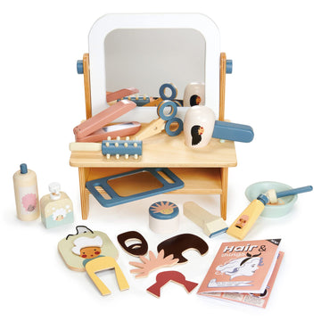 Tender Leaf Toys - Hair Salon - 21 Piece Pretend Play Wooden Hair Cutting Kit, Hairdresser Kit, Hair Styling Set with Tilting Mirror - Encourages