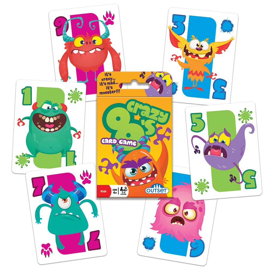 Outset Media Crazy 8's Card Game - The Classic Game of Monstrous Mayhem - Contains 36 Over-Sized Cards for 2 to 4 Players Ages 4 and up