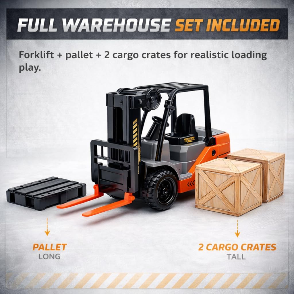 Liberty Imports Toy Forklift Truck with Pallet & Cargo - 1:22 Scale Friction Powered Wheels & Manual Lifting Control - Warehouse Lifting Vehicle