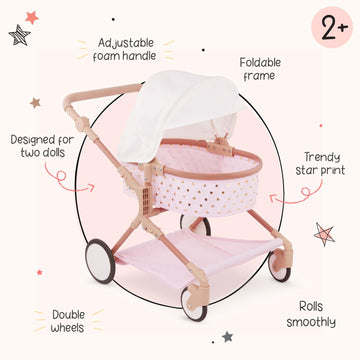 LullaBaby - 14-Inch Doll & Twin Stroller Accessories Set - Foldable Canopy & Storage Basket - Pink & Golden Stars Design - Pretend Play 2+ Years- Doll