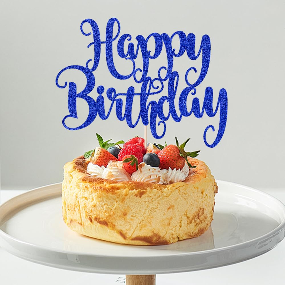FmiyunEea Happy Birthday Cake Topper- Glitter Happy Birthday Cake Decor, Handmade Anniversary/Birthday Party Supplies (Deep blue)