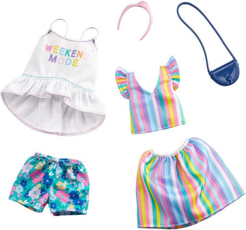 Barbie Clothes -2 Outfits Doll Include a Top with ‘Weekend Mode’ Graphic, Floral Shorts and a Striped Top and Skirt with Purse and Headband, Gift