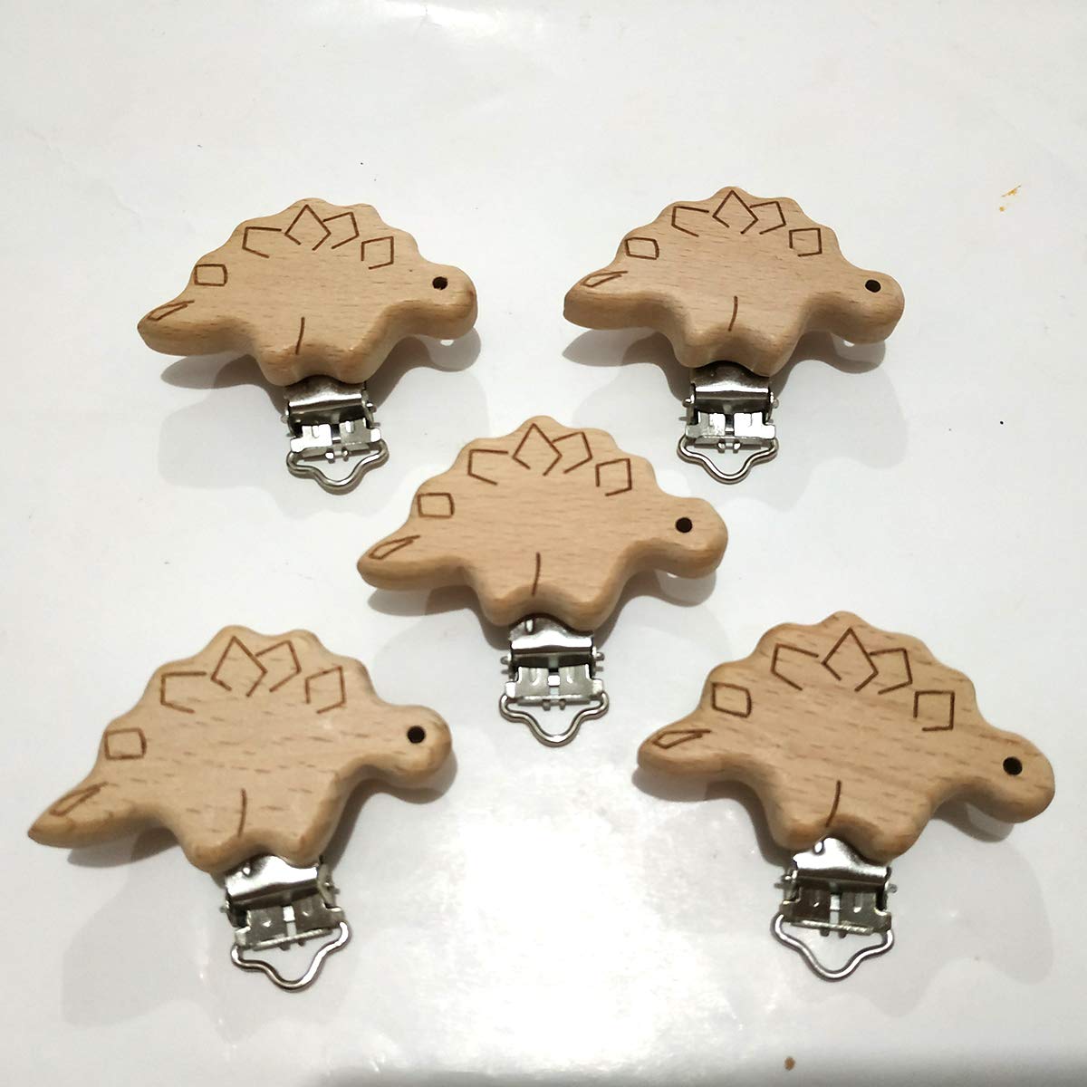 5pcs Natural Beech Wood Animal Pacifier Clips Grasping Toy Suspender Chain Clips Charm Antique DIY Beading Accessory (Stegosaurus)