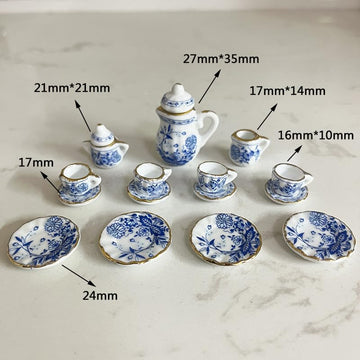 15 Pcs Blue 1:12 Miniature Porcelain Chintz Tea Cup Set Dollhouse Accessories