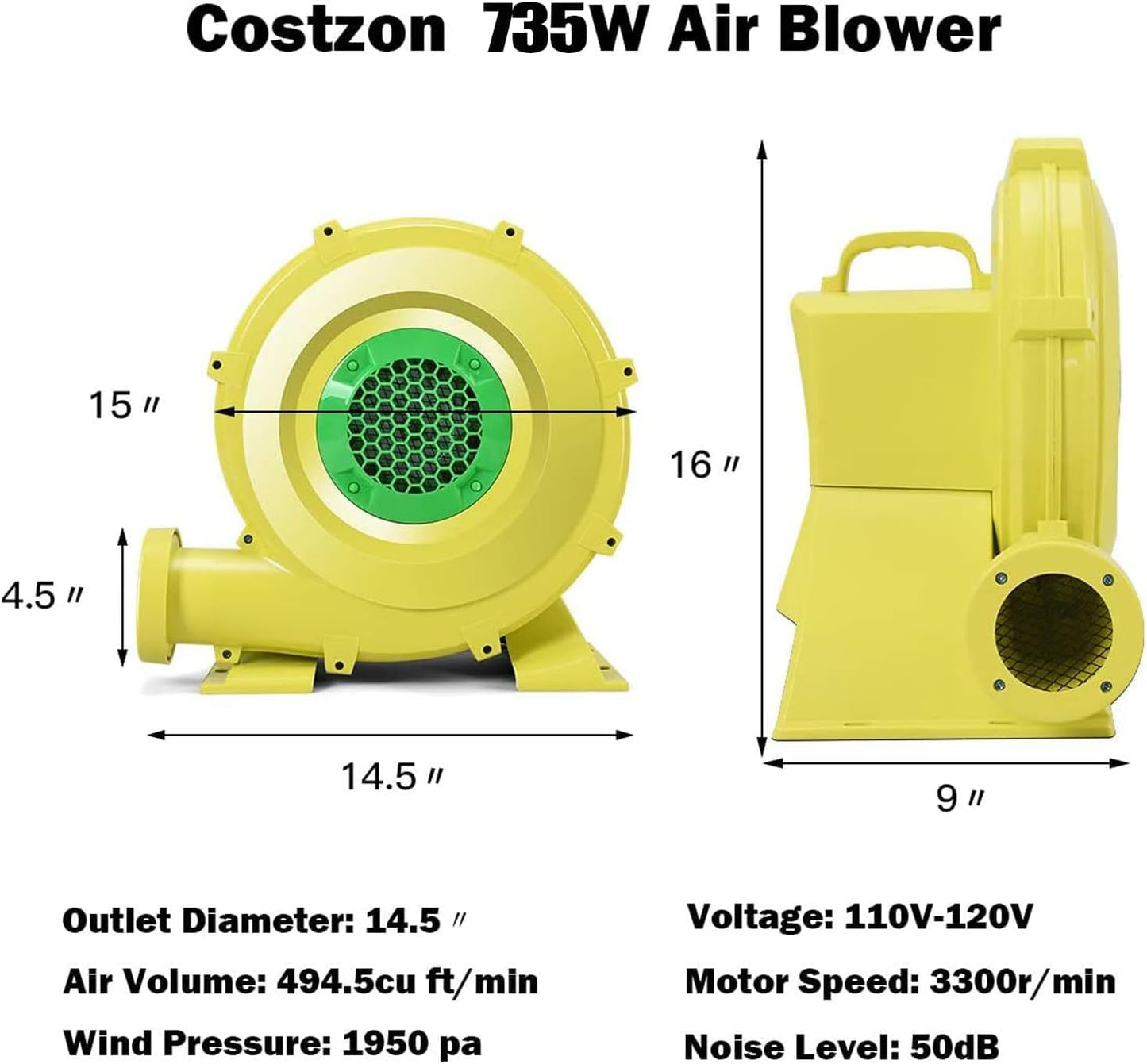 DPThouse Bounce House Blower 735 Watt 1.0HP for Inflatable Bounce House Bouncy Castle, Yellow+Green, Small