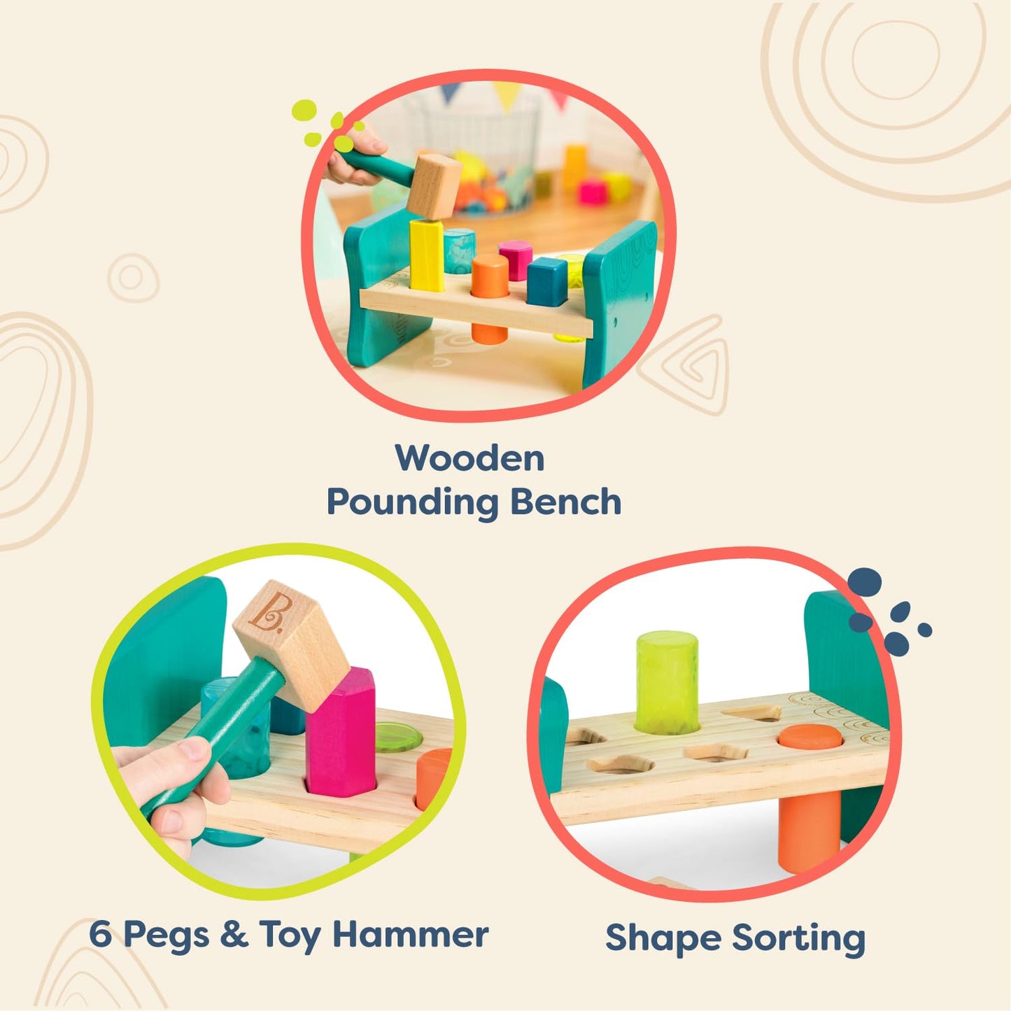 B. toys Wooden Shape Sorter, Colorful Pound & Play