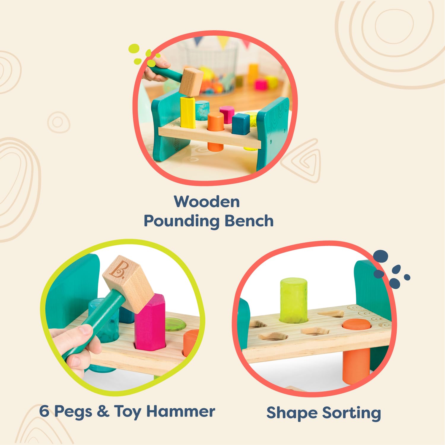 B. toys Wooden Shape Sorter, Colorful Pound & Play