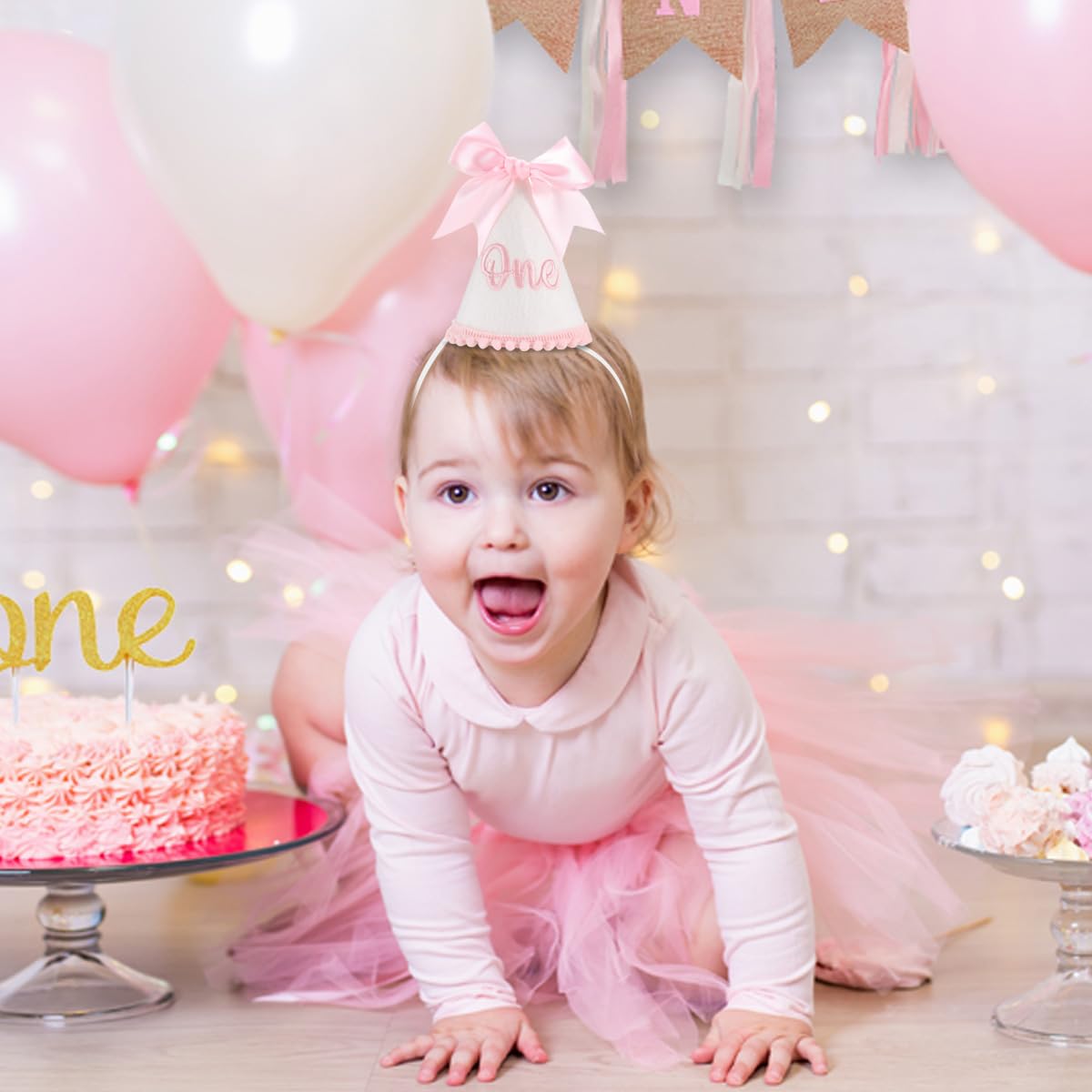 Kaniwati Pink Bow 1st Birthday Hat, Bow Girl 1st Birthday Hat, Pink Themed Decoration, Baby Girl Party Hat, Cake Smash Outfit(CXMZ-ONE-HDJ)