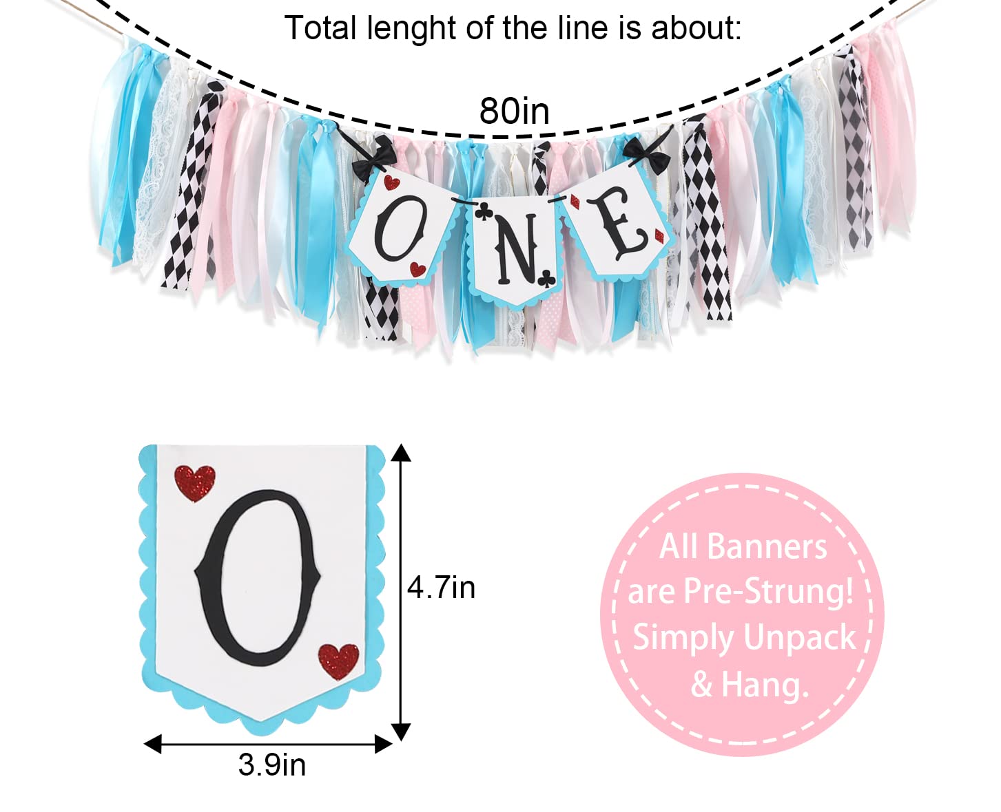 LINLULU Alice in Wonderland Highchair Banner, 1st Birthday Girl Decoration, Blue, 80 inches x 8.75 inches