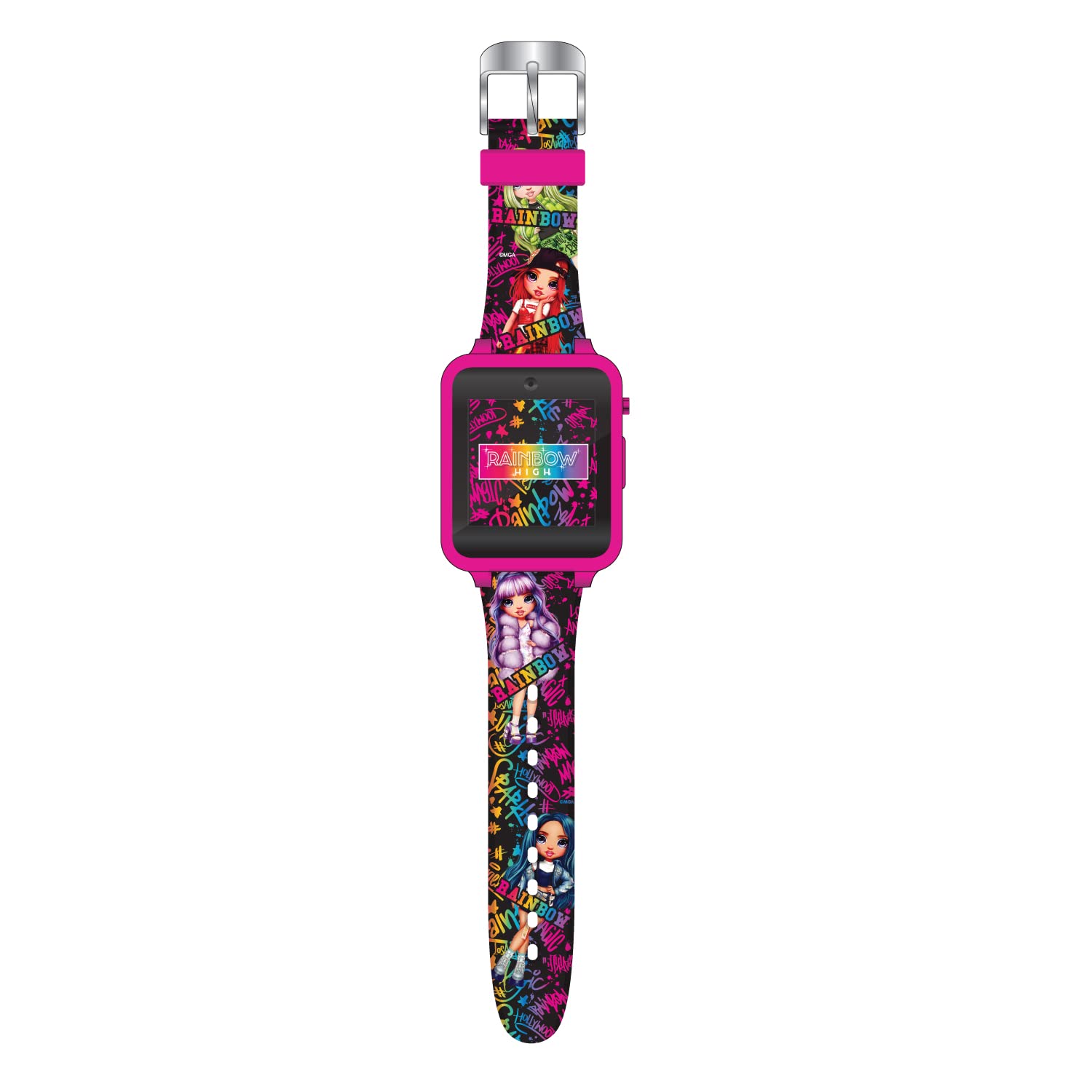 Accutime Kids Rainbow High Educational Learning Touchscreen Pink Smart Watch Toy with Multicolor Strap for Girls, Boys, Toddlers - Selfie Cam, Games