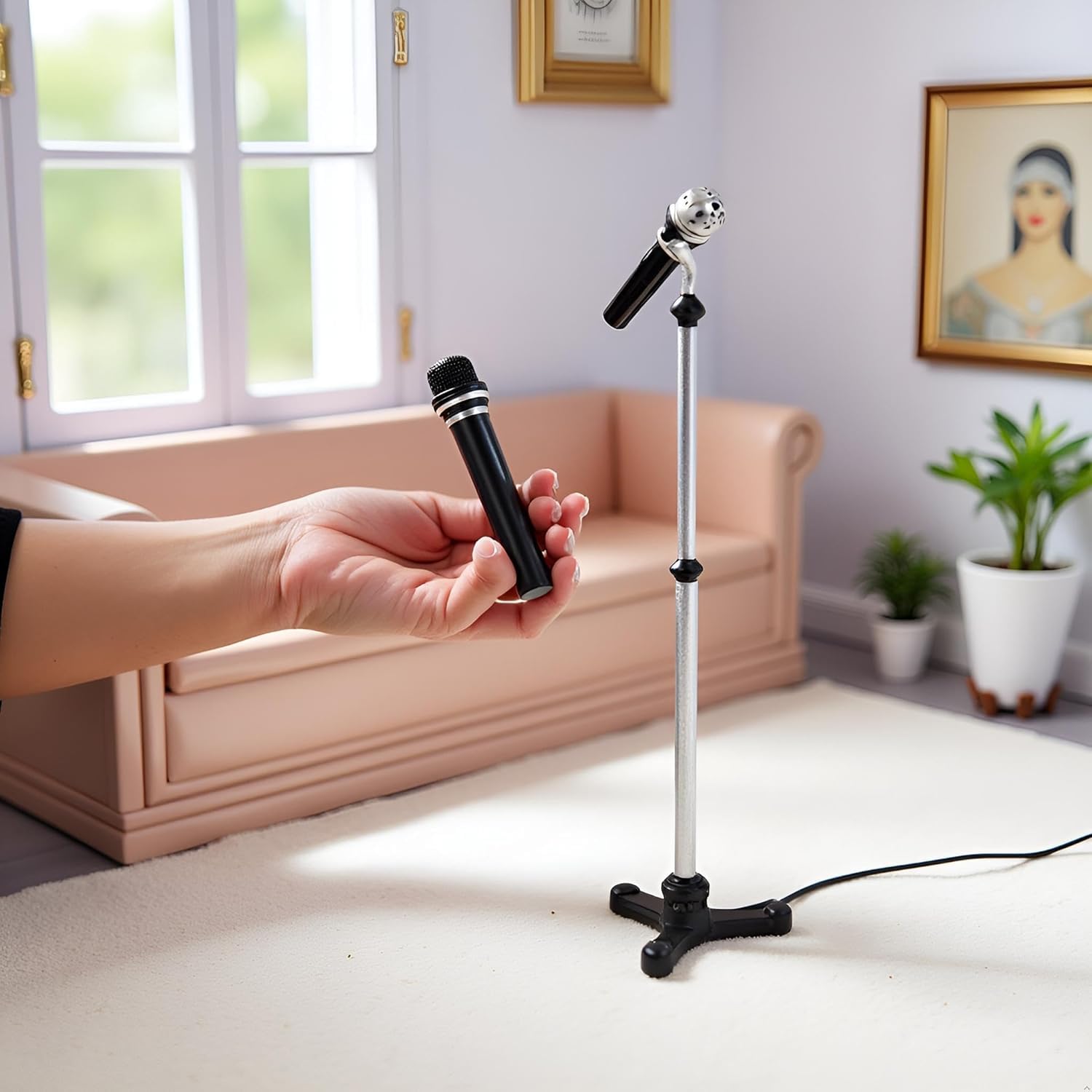 2Pcs Black Dollhouse Decoration Accessories,Mini 1:12 Dollhouse Miniature Scene Model Microphone with Stand Play Toy, Decortion, Dollhouse Furniture