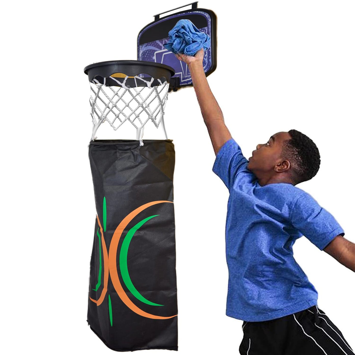 Eactive Indoor 2 in 1 Basketball Hoop and Laundry Hamper Set Over the Door Hanging Clothes Hamper Fun Basket Laundry Shoot Bag Set Gift for Boy Room
