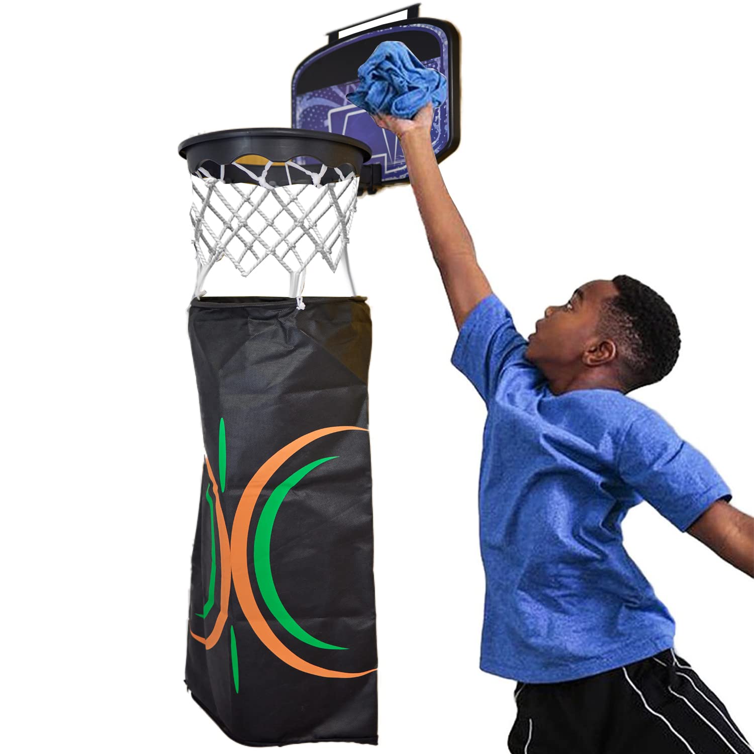Eactive Indoor 2 in 1 Basketball Hoop and Laundry Hamper Set Over the Door Hanging Clothes Hamper Fun Basket Laundry Shoot Bag Set Gift for Boy Room