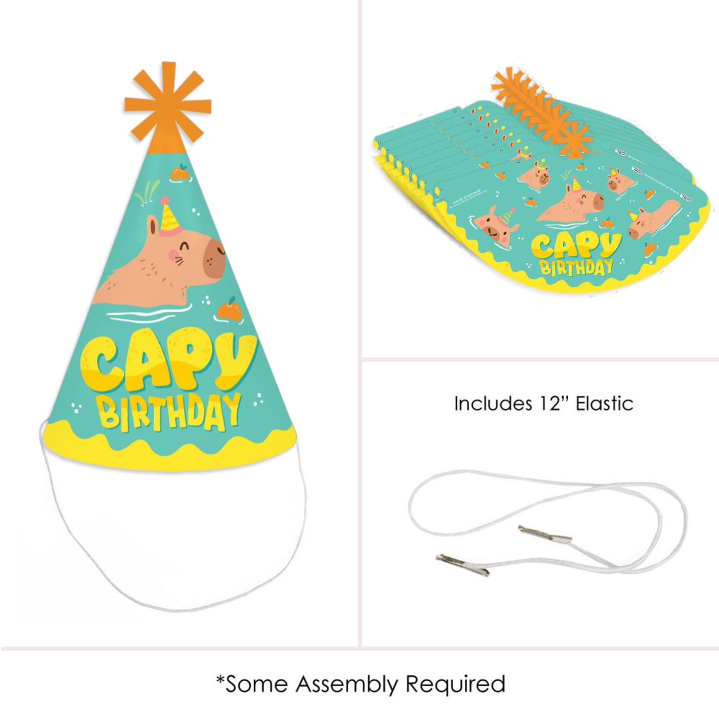 Big Dot of Happiness Capy Birthday - Cone Happy Birthday Party Hats for Kids and Adults - Set of 8 (Standard Size)