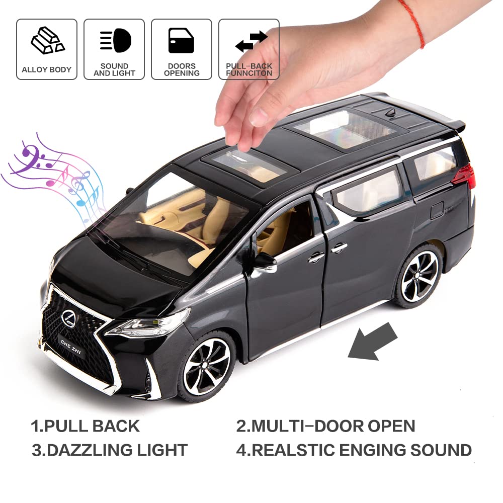 WAKAKAC Model Car 1/24 LM300 MPV Alloy Pull Back Metal Collectible Toy Car with Light and Sound, Toy Vehicle Door Can be Opened, Gift Black