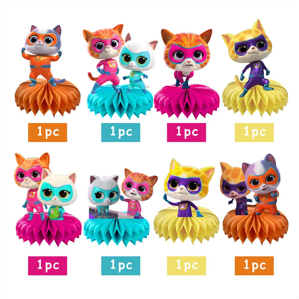 8Pcs Super Cats Honeycomb Table Centerpiece, Cartoon Cats Birthday Party Supplies Table Decorations for Kids Party Decorations
