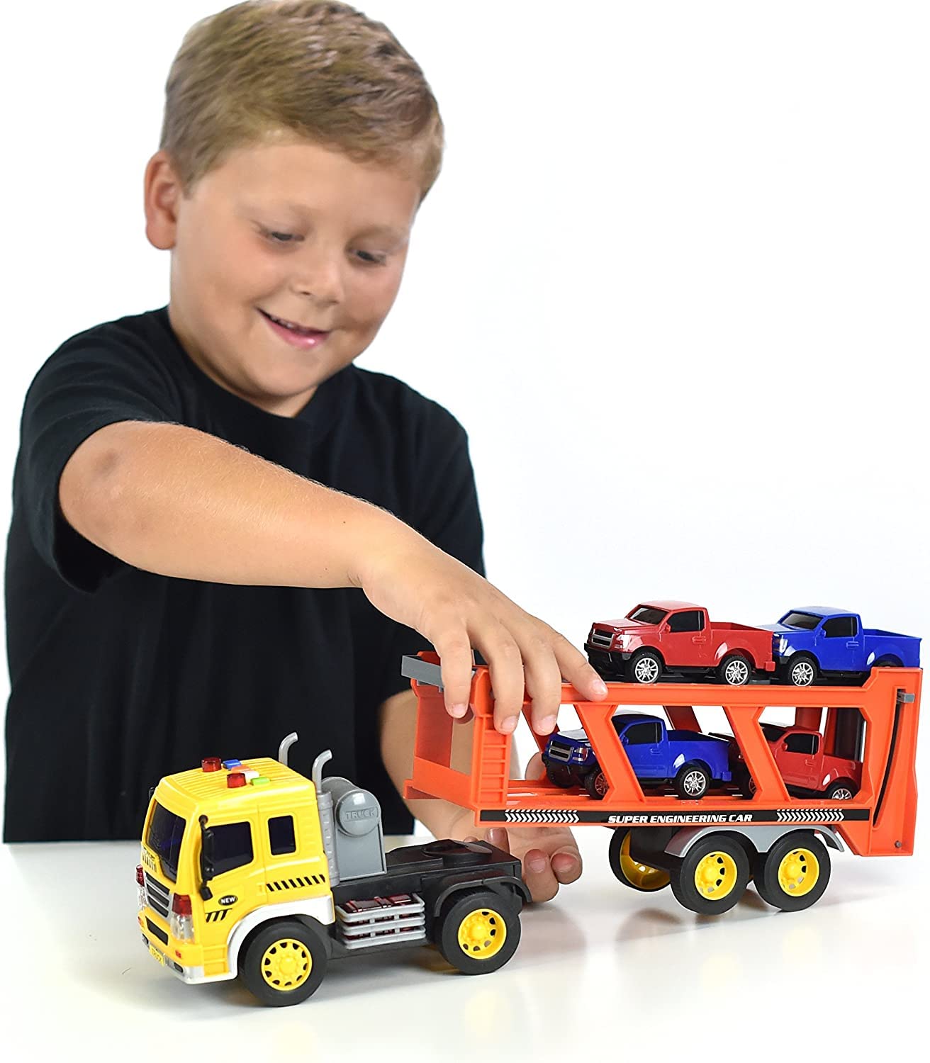 Sunny Days Entertainment Maxx Action 17’’ Vehicle Transport with 4 Diecast Trucks - Bright Lights and Car Sounds | Friction Powered Trailer | 6 Piece