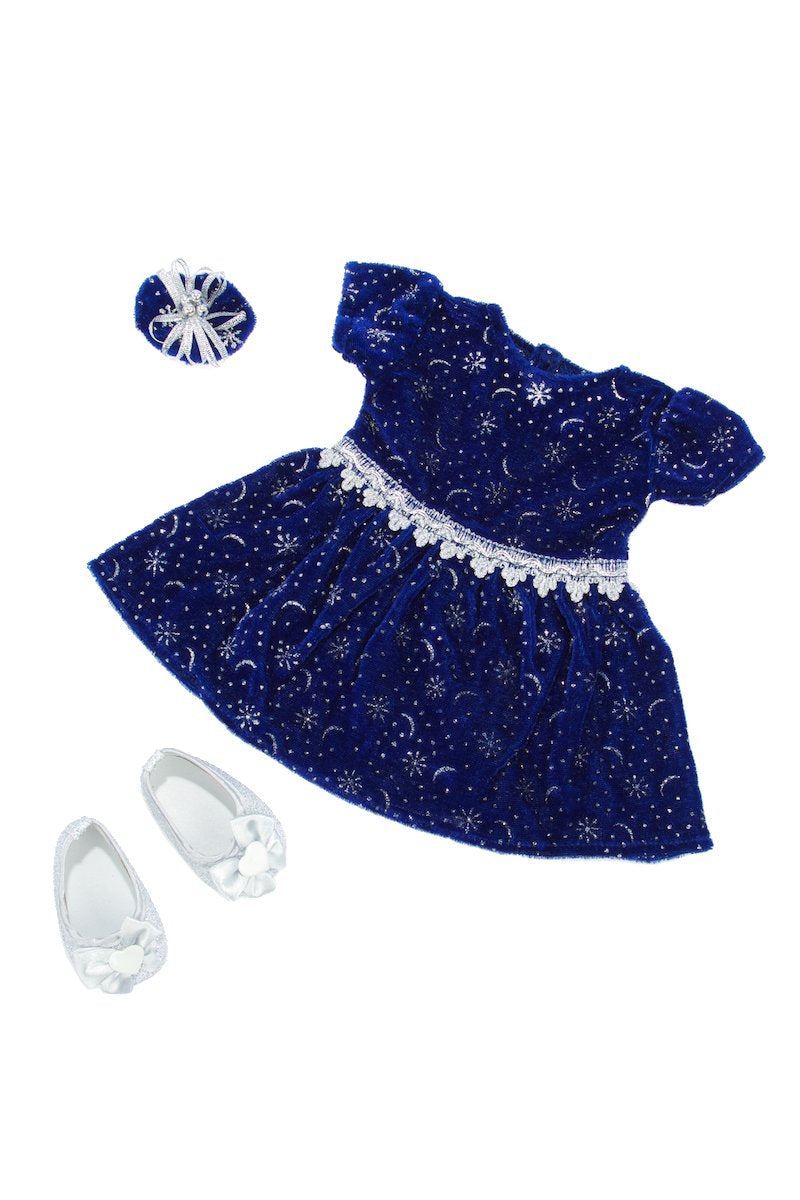 18 inch Doll Clothes - Midnight Blue - 3 Piece Outfit - Dark Blue Sparkling Holiday Dress with Matching Silver Shoes and Headpiece - Clothes Fits