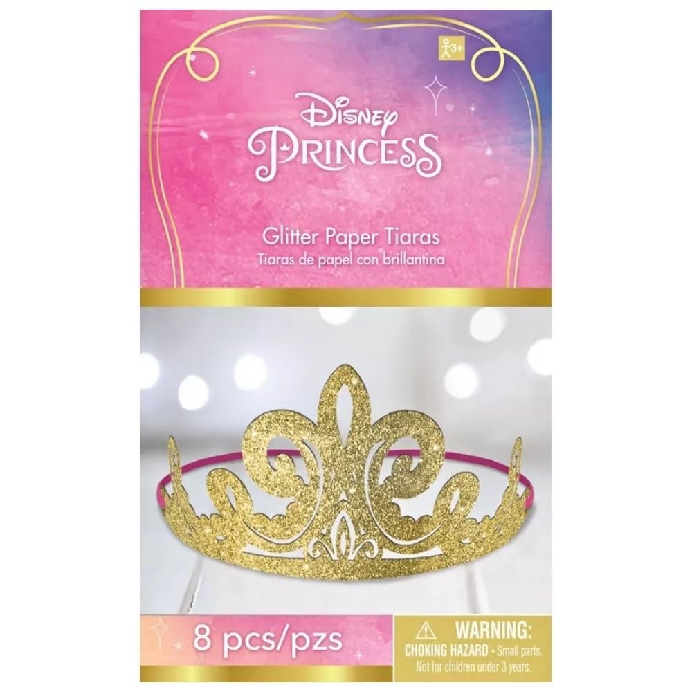 Disney Princess Glitter Paper Tiaras - 3.5" x 6.2" (Pack of 8) - Gold Paper Royalty Crown Accessory, Perfect for Kids Parties and Dress Up Fun